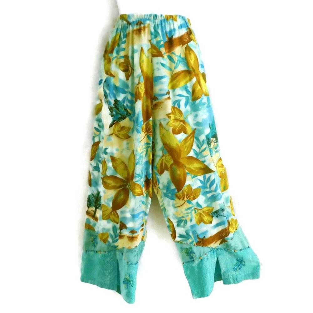 Vintage Faith 80s Capris Pants Beads Sequin Tropical Elastic Waist Pull On M